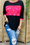 XCH15187 Fuchsia printed black block knitted material 3/4 sleeve loose women blouse