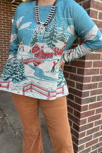 XCH15609 Christmas trees graphic multi color printed long sleeve women tops