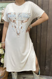 XCH13184  Bull " WILD SPIRIT"printed beige background fabric side slits short sleeve women long dress(AS8)