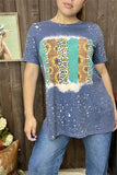 XCH12489 Sunflower&leopard multi color printed the denim Blue fabric short sleeve women tops(DS2)