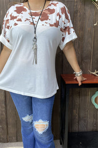 GJQ15594 Part of Brown leopard printed w/block white solid color short sleeve/double trim women tops