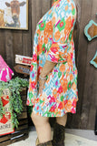 GJQ15087 Colorful Aztec printed 3/4 sleeve V-neckline women dress/side pockets