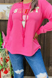 XCH15487 "SWEET"patch embroidery long sleeve pink women top