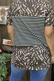 XCH11164 Brown leopard & black/white striped printed short sleeve women top (DS4)