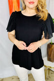 BQ16049  Ruffle/bell gathering short sleeve women black tops