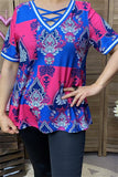 XCH15899 Paisley graphic multi color printed short sleeve V-neckline w/cross straps women tops