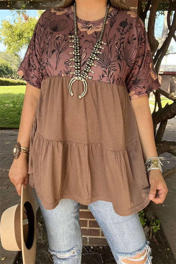 GJQ15652 Black floral printed tan block solid color baby doll design short sleeve women blouse/top