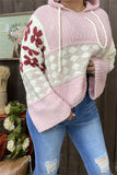 MY15306 Pink block rust red printed  knitted fabric women sweater loose long sleeve w/long string hoodie