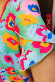 XCH15807 fuchsia/yellow Colorful floral printed short sleeve w/folded ruffle women tops
