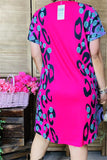 XCH14283 Black/turquoise diamond fuchsia printed short sleeves for women dresses w/side pockets  (GS11)