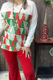 BQ15418 Red/green Christmas tree printed drop shoulder long sleeve women tops