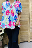 XCH15792 Blue/pink multi color printed sunflower short sleeve women tops w/v-neckline