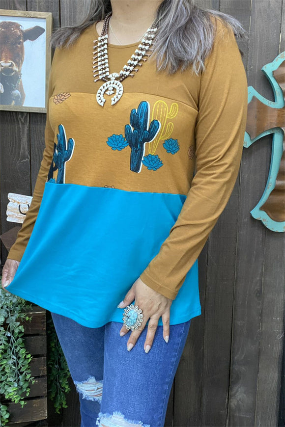 GJQ13400 Blue/ginger block color w/cactus printed long sleeve women top (DS4)