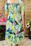 GJQ15229 Turquoise/D.green multi color printed short sleeve women dress w/elastic breast &side pockets