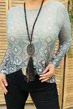 BQ15431 Gradual green color Aztec printed long sleeve tighten women tops