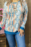 GJQ10223 Solid blue neckline/cuff/hem &Aztec multi color printed long sleeve women top(AS5)