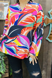 XCH15615 Orange/fuchsia/teal colorful paisley printed 3/4 sleeve w/band  V-neckline women tops