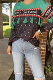 BQ15768 White"MERRY CHRISTMAS"words printed green dot green block solid color long sleeve women tops w/green tassels