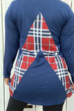 FW5687 Navy blue long sleeve women top w/ plaid multi color print (ES11)