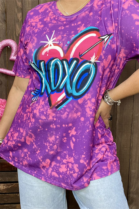 XCH14471 XOXO/heart&purple tie dye multi color printed short sleeve women top