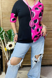 XCH14276 Half black&fuchsia/ pink leopard printed short sleeve drop shoulder women tops (ES1)