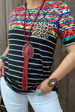 BQ11793 Striped&Aztec&Leopard multi color printed w/front pocket short sleeves women tops