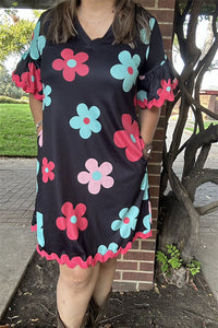 BQ15649 Mint/fuchsia/pink sunflower printed short sleeve w/hem webbing w/side pockets black women dresses