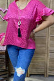 BQ15891 Fuchsia leopard printed short sleeve w/double ruffle women fuchsia tops