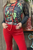 BQ15432 Body leaves&floral green/red color printed raglan long sleeve w/black lace women tops