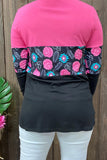 BQ14458 Block black&fuchsia and floral multi color printed long sleeves women tops (GS3)