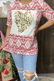 DLH12146  Leopard hearts&rust red Aztec printed short sleeve women tops