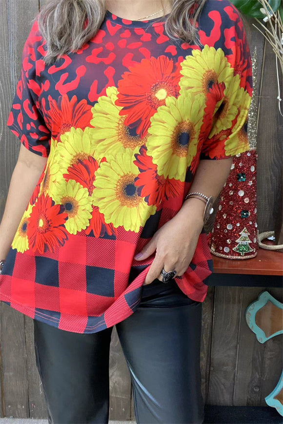 XCH13826 Plaid daisy flower red/yellow/black printed short sleeve women tops