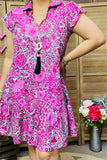 GJQ15958 Paisley&floral fuchsia color printed short sleeve w/ruffle V-neckline women dress