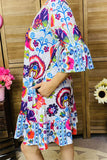 GJQ15875 Paisley&floral multi color printed 3/4 sleeve w/ruffle women dress w/side pockets