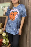 DLH10080 Spooky tongue&mouth tie-dye blue short sleeve women tops IS5