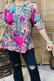 BQ15866 Leopard&fuchsia/teal floral multi color printed short sleeve women tops