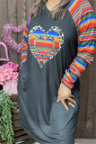 DLH12143 Black & Serape leopard heart printed raglan long sleeve women dress w/side pockets