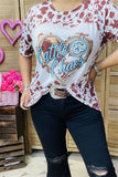 DLH12594 "Cattle & Chaos" Heart & brown leopard printed short sleeve women top