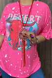 XCH12979 DESERT PINK bull skull printed short sleeve women tops (GS8)