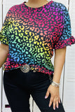 XCH12488 Multi color leopard printed short sleeve w/ruffle women blouse(AS4)