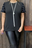 BQ15548 Black solid color w/pearl short sleeve women tops