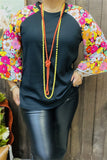 YMY15382 Solid black knitted fabric 3/4 sleeve w/ruffle floral multi color printed women raglan tops