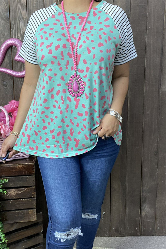 GJQ9593 Mint/pink leopard printed w/striped short sleeves women top