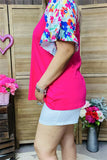 XCH15847 Multi color floral printed short sleeve/ruffle V-neckline women fuchsia tops