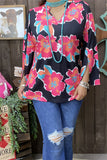 GJQ15749 Turquoise/Fuchsia/Orange floral printed 3/4 sleeve w/side split women black tops w/v-neckline