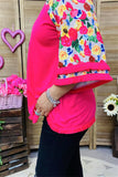 GJQ15231 Multi color floral printed 3/4 sleeve w/fringe trim women fuchsia tops