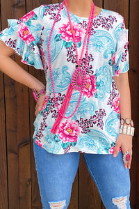 YMY13148 Turquoise paisley & floral printed blouse w/short ruffle sleeves