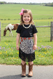XCH04004 Black short sleeve top leopard suede fringe skirt 2pc girls sets (A10S5)