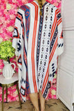 Soft long duster wholesale White blue and red Aztec printed kimono BA10865