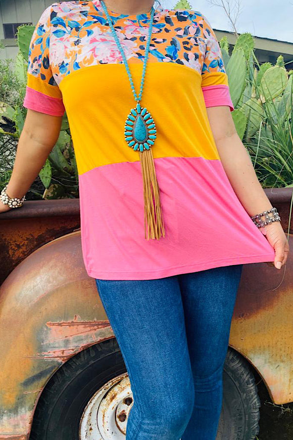 Pink/yellow & floral color block short sleeve top BQ10424